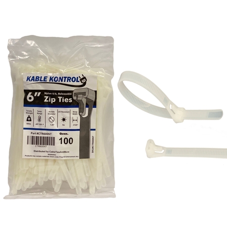 KABLE KONTROL Kable Kontrol® Releasable Reusable Zip Ties - 6" Long - 50 Lbs Tensile Strength - 100 pack - Natural CTR600NT